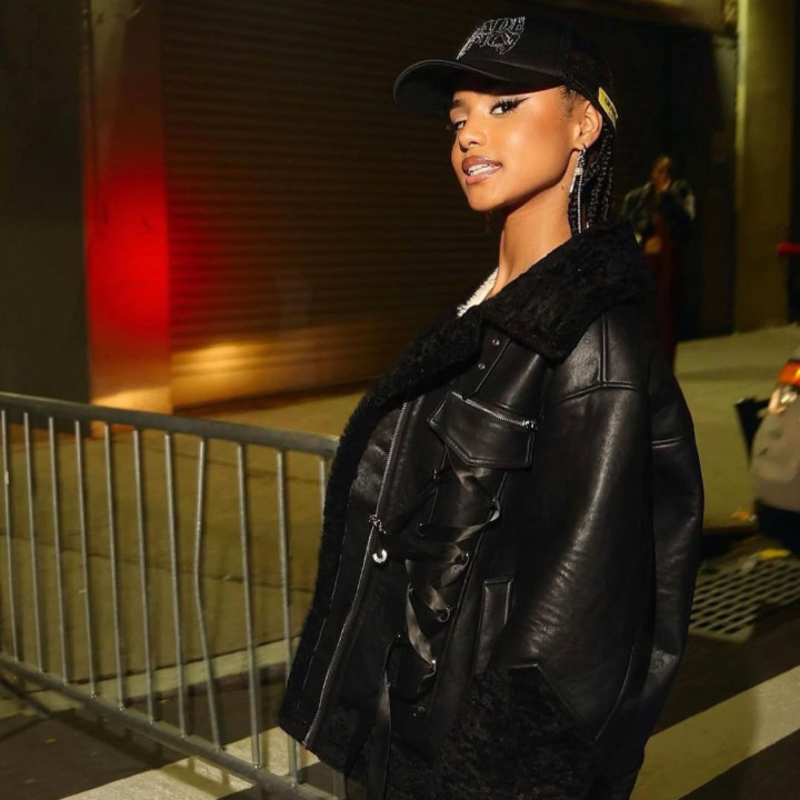 Tyla in Jyosei’s Bea Leather Jacket fur-lined oversized
