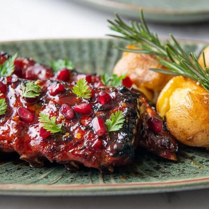 Pomegranate Molasses glaze with rosemary potatoes on succulent baby back ribs brunch deals in Hong Kong at Juno