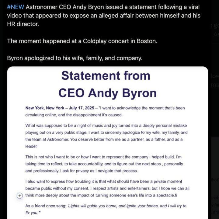 Astronomer CEO Coldplay Concert Cheating Scandal Fake Statement