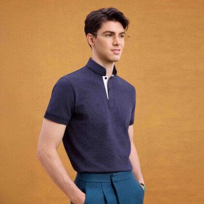 Shanghai Tang AW25 BONFIRE Tang Polo Navy Cotton Jacquard