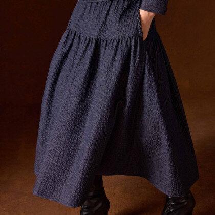 Shanghai Tang AW25 BONFIRE Tang Skirt Navy Seersucker