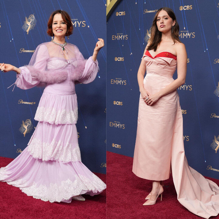 parker posey and aimee lou wood from the white lotus at 2025 emmys red carpet